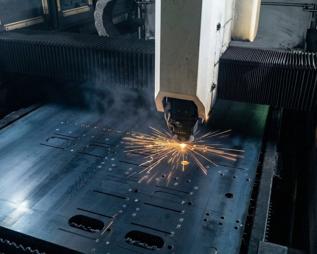 Fiber laser cutting steel parts out of a sheet on the cutting bed